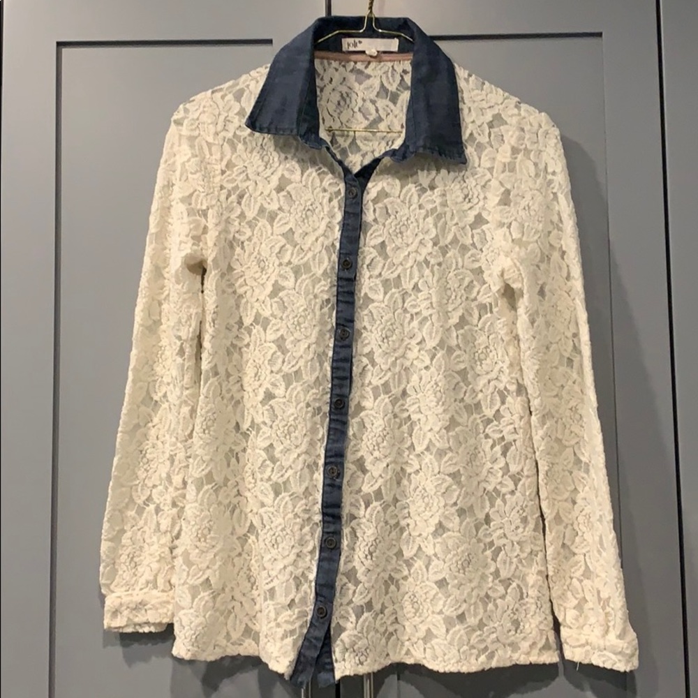 SeeThrough Lace Button Front LS Shirt Denim Accent